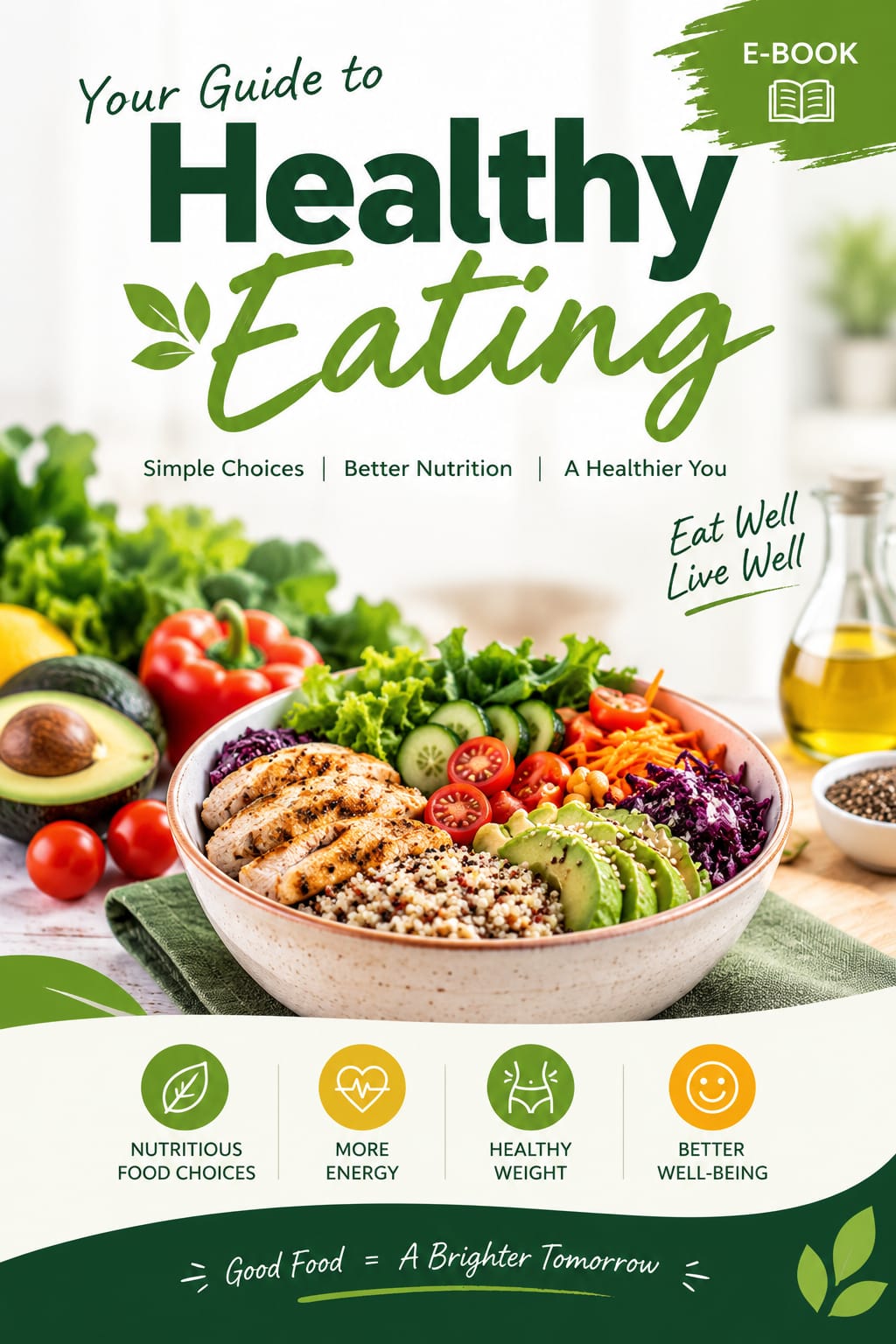 Cover of the e-book Your Guide to Healthy Eating, showing a colourful bowl of chicken, quinoa, avocado and vegetables